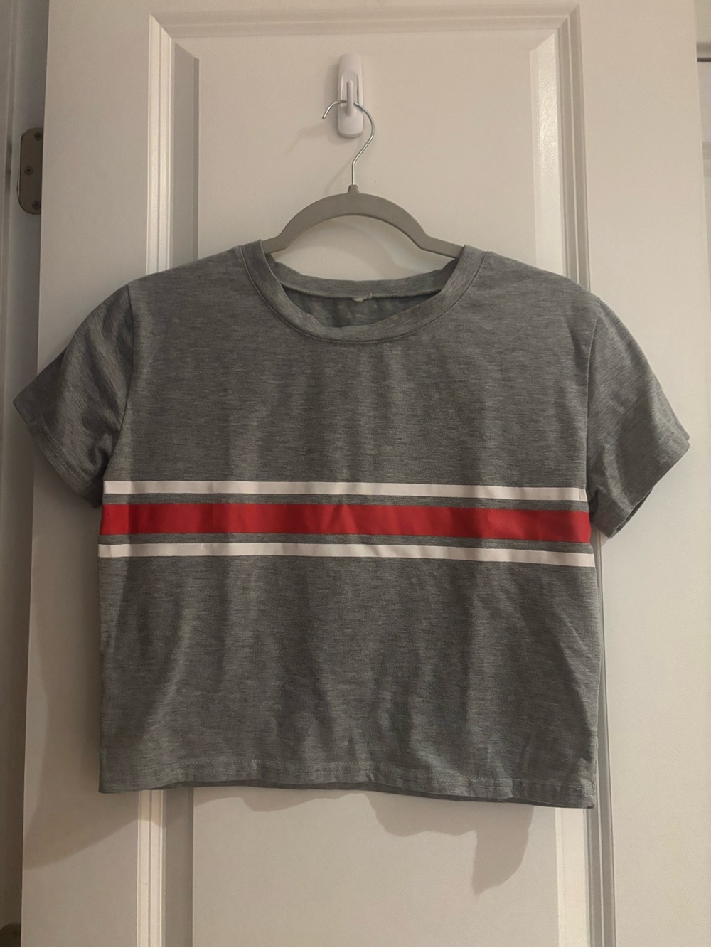 Gray Cropped Tee with Red Stripe